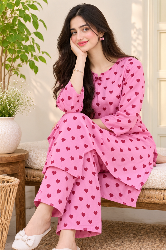 pink Heart Print 2-piece suite-Ready To Wear