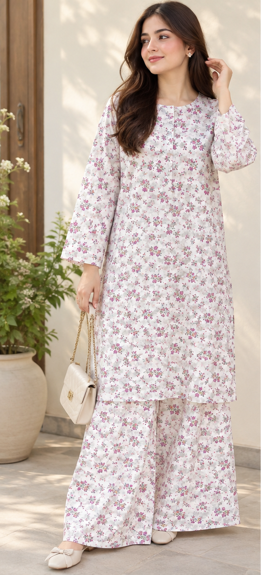 Ivory White with Pink Floral Print 2-piece suite-Ready To Wear