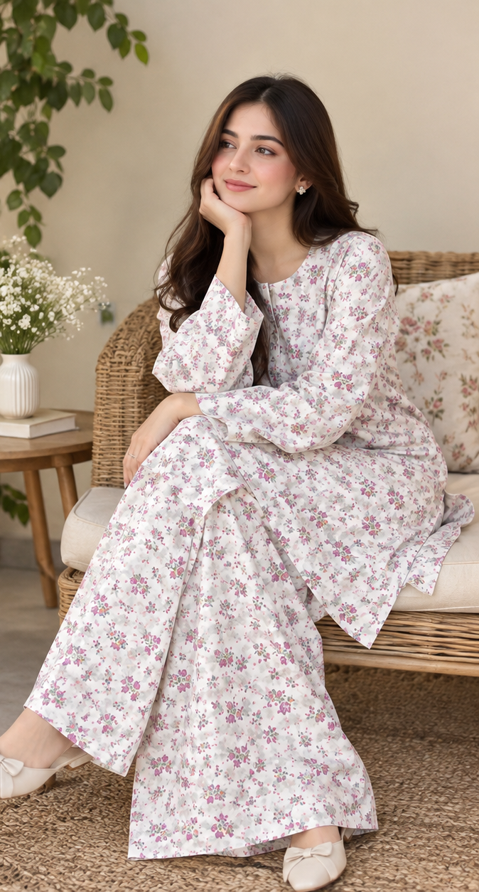Ivory White with Pink Floral Print 2-piece suite-Ready To Wear