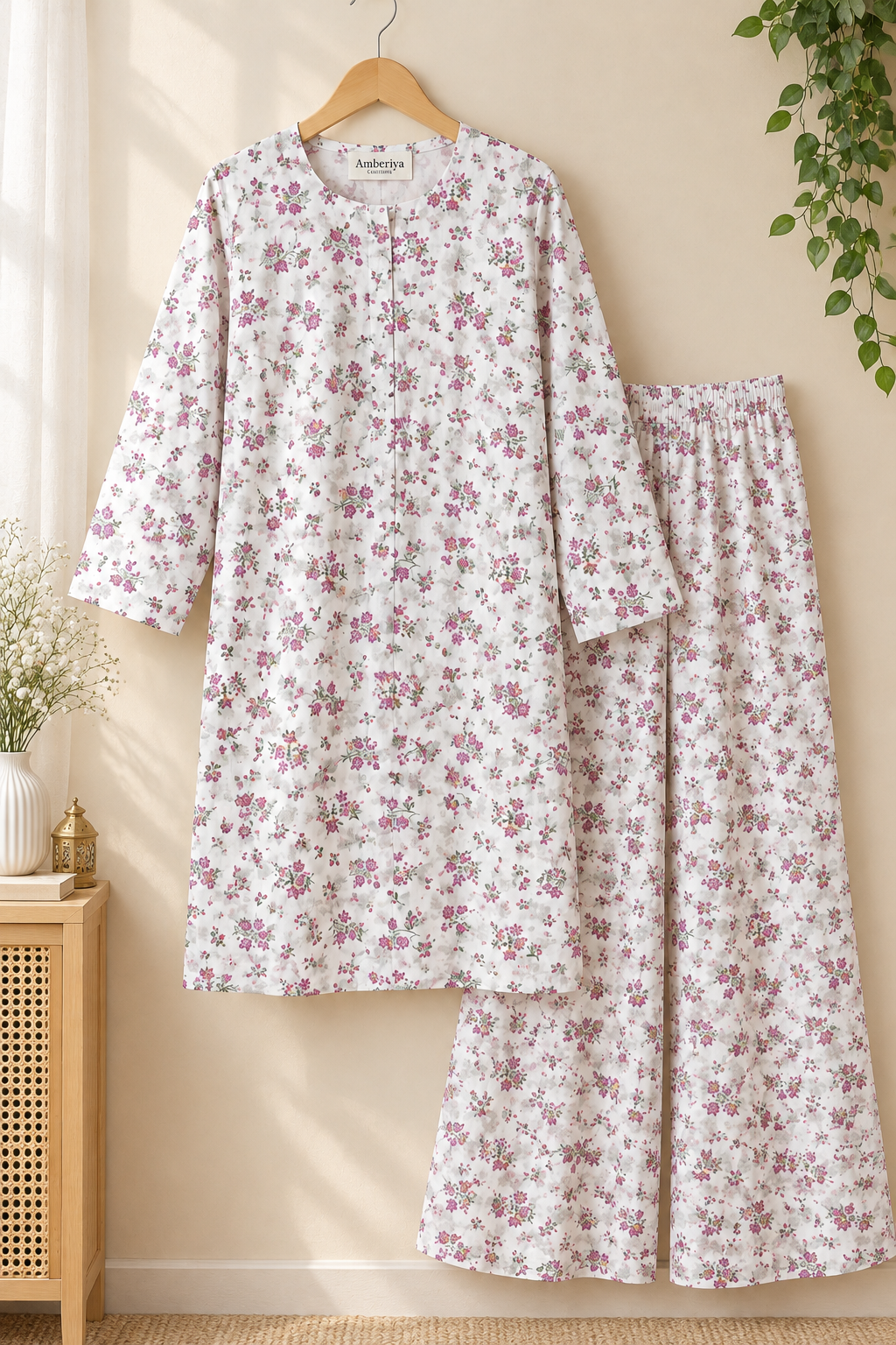 Ivory White with Pink Floral Print 2-piece suite-Ready To Wear