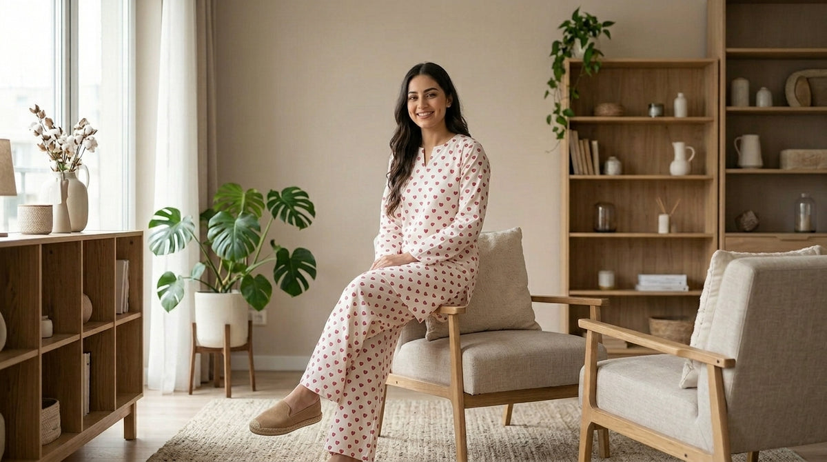 White Heart Print Co-ord Set 2-Piece Suit-Ready T o Wear