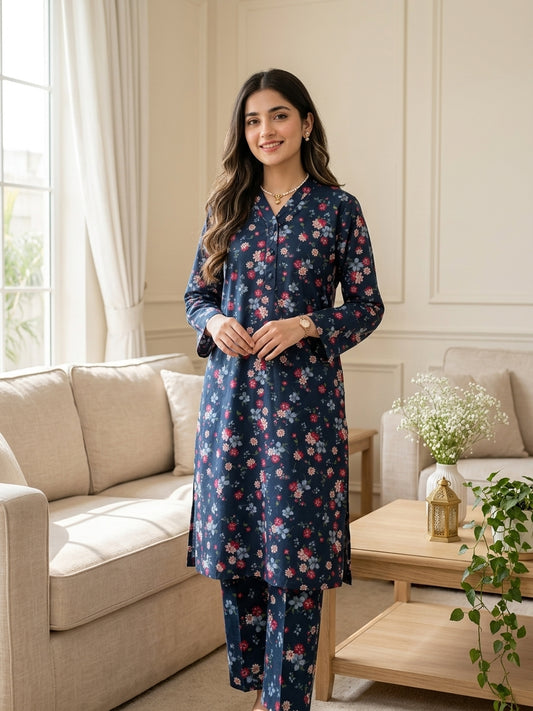 Navy Blue Floral Printed 2-Piece Suit-Ready To Wear