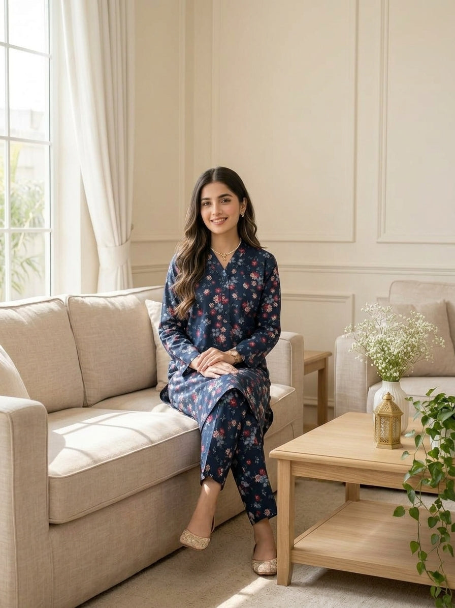 Navy Blue Floral Printed 2-Piece Suit-Ready To Wear