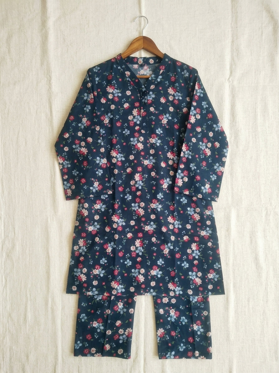 Navy Blue Floral Printed 2-Piece Suit-Ready To Wear