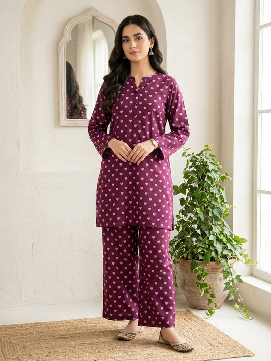 Plum Purple Heart Printed 2-Piece Suit – Ready to Wear
