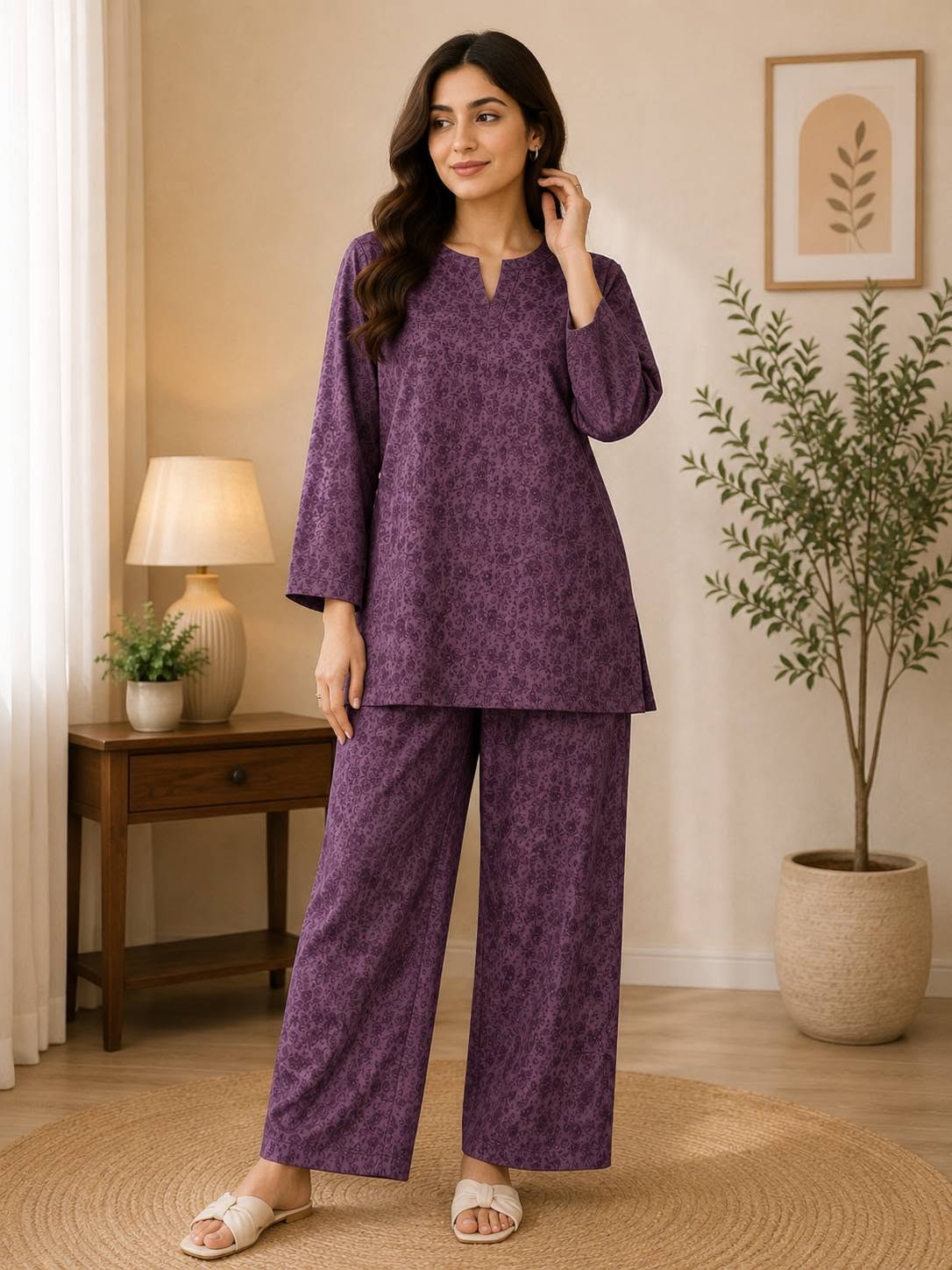 Purple Floral Printed Khaddar 2-Piece Suit