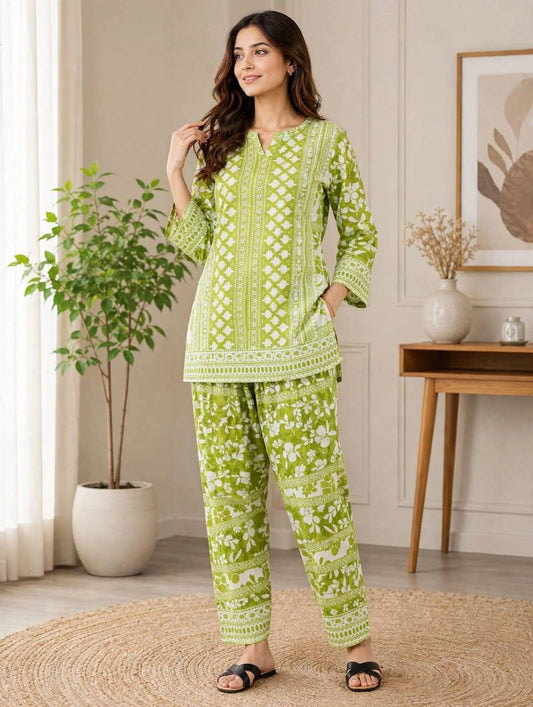 Lime Green Floral Printed 2-Piece Suit