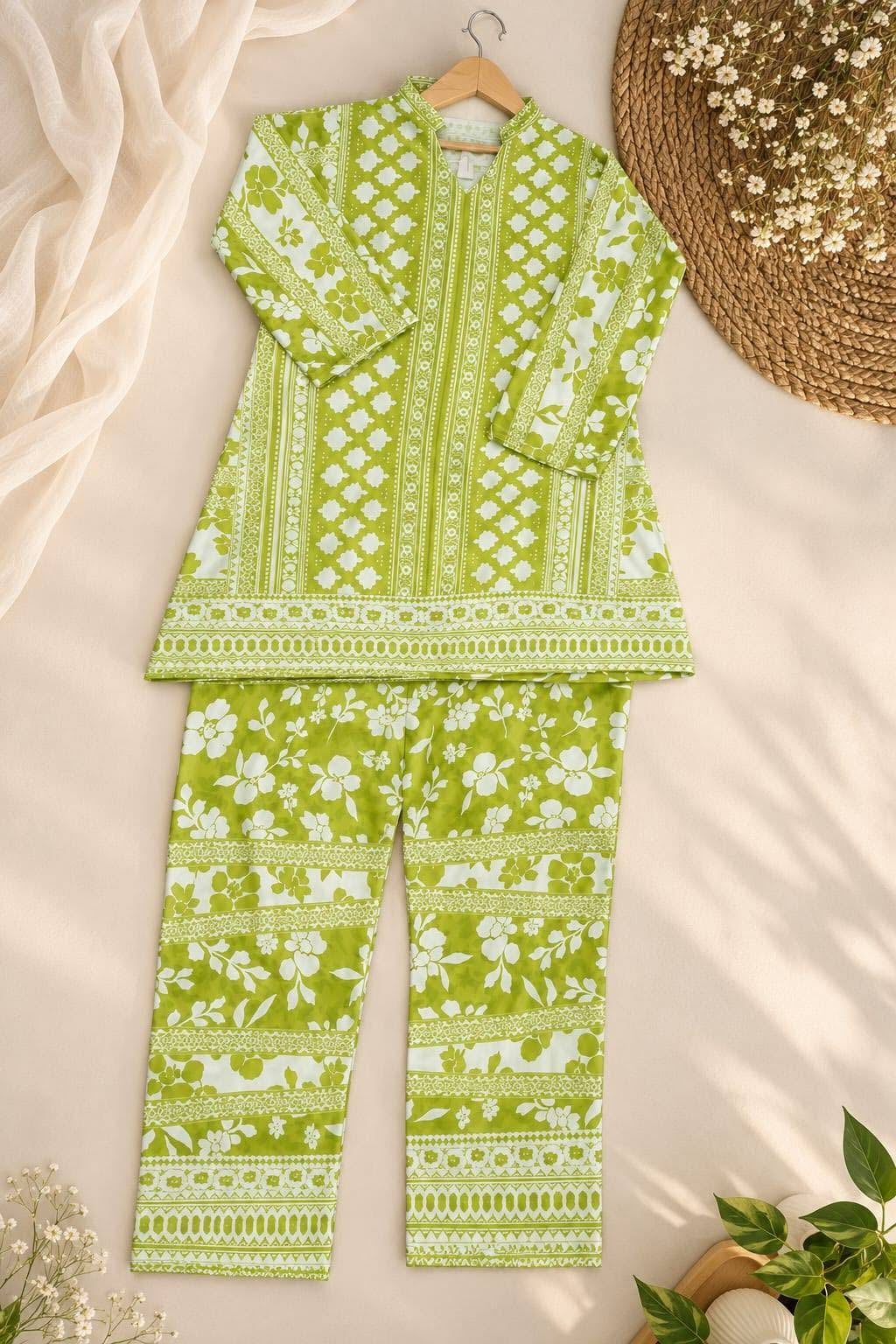Lime Green Floral Printed 2-Piece Suit