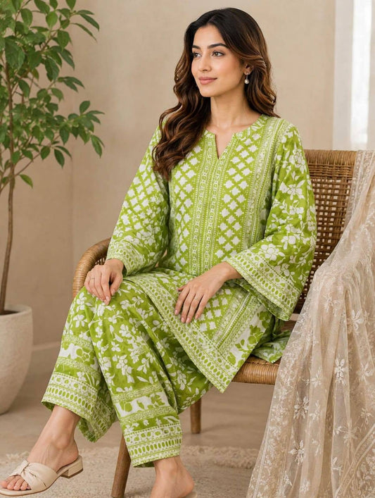 Lime Green Floral Printed 2-Piece Suit