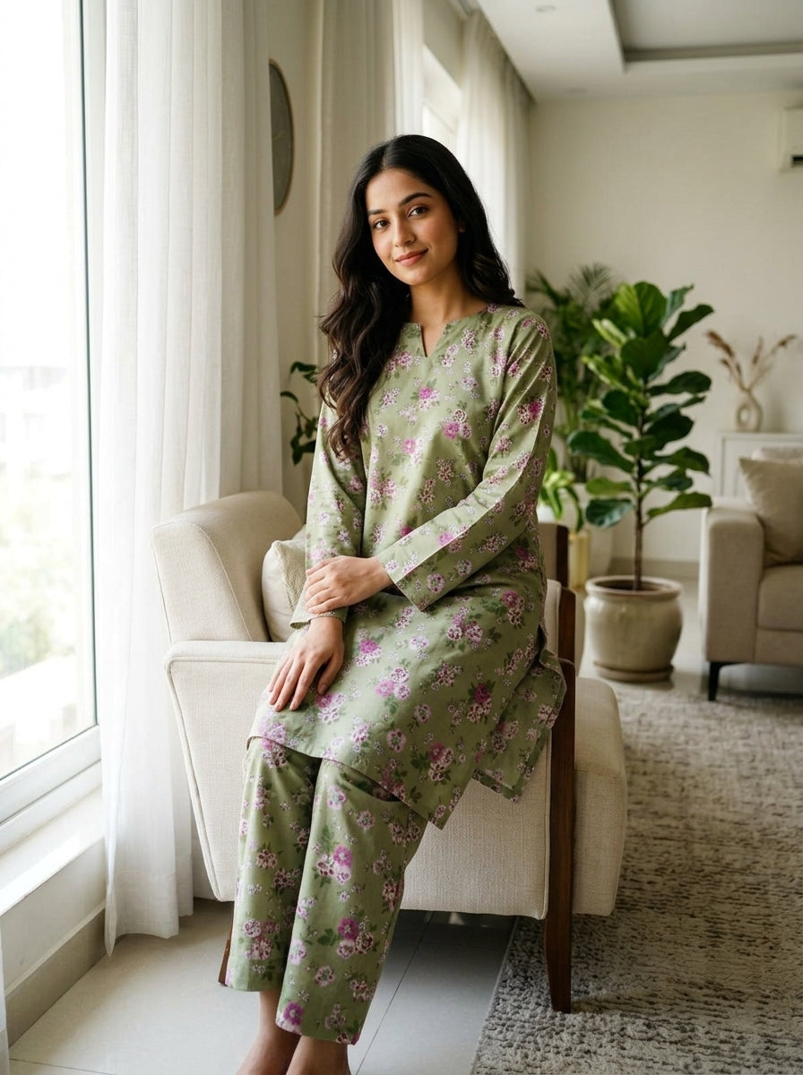 Sage Green Floral Print 2-Piece Suit-Ready To Wear