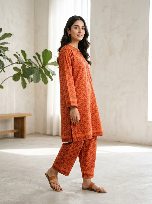 Rust Orange Floral Printed 2-Piece Suit – Ready to Wear