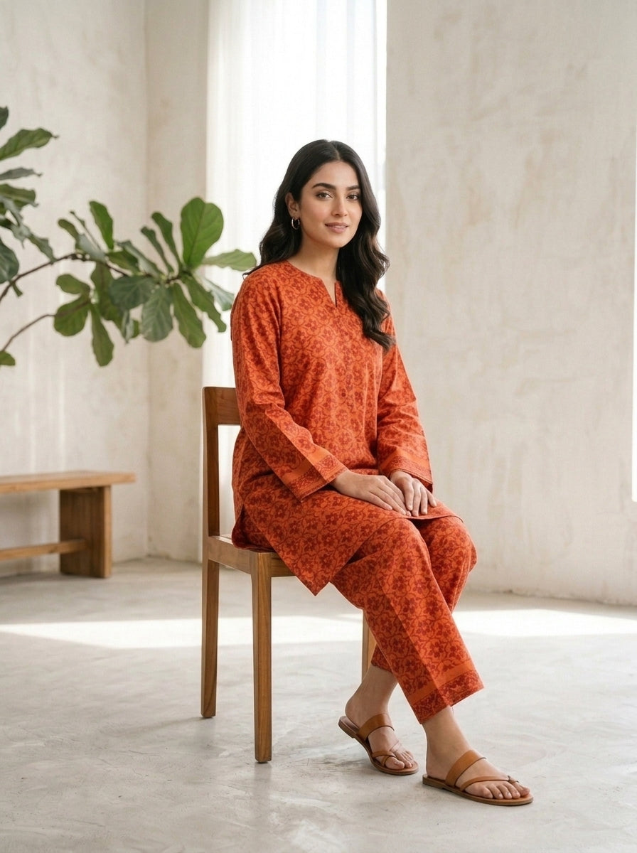 Rust Orange Floral Printed 2-Piece Suit – Ready to Wear