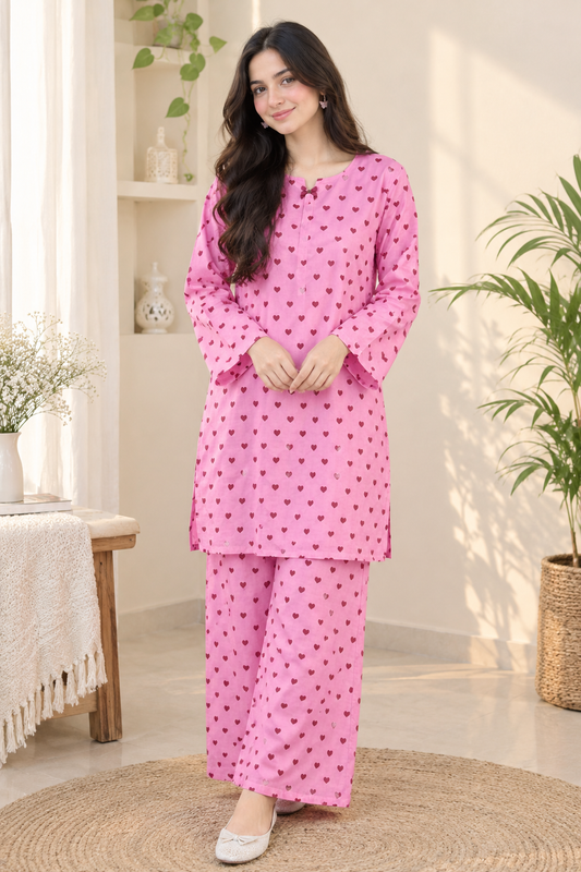 pink Heart Print 2-piece suite-Ready To Wear