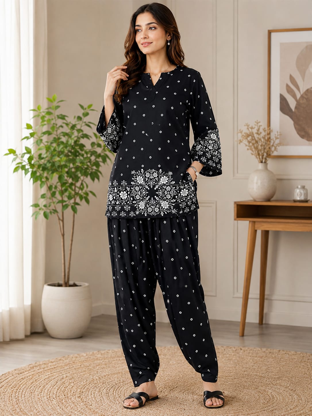 Black Floral Printed Khaddar 2-Piece Suit