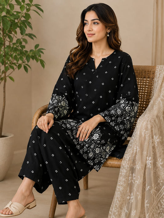 Black Floral Printed Khaddar 2-Piece Suit