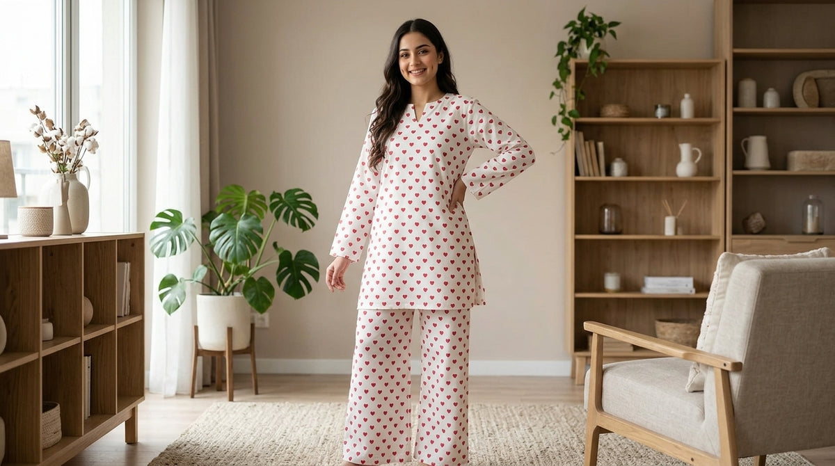 White Heart Print Co-ord Set 2-Piece Suit-Ready T o Wear