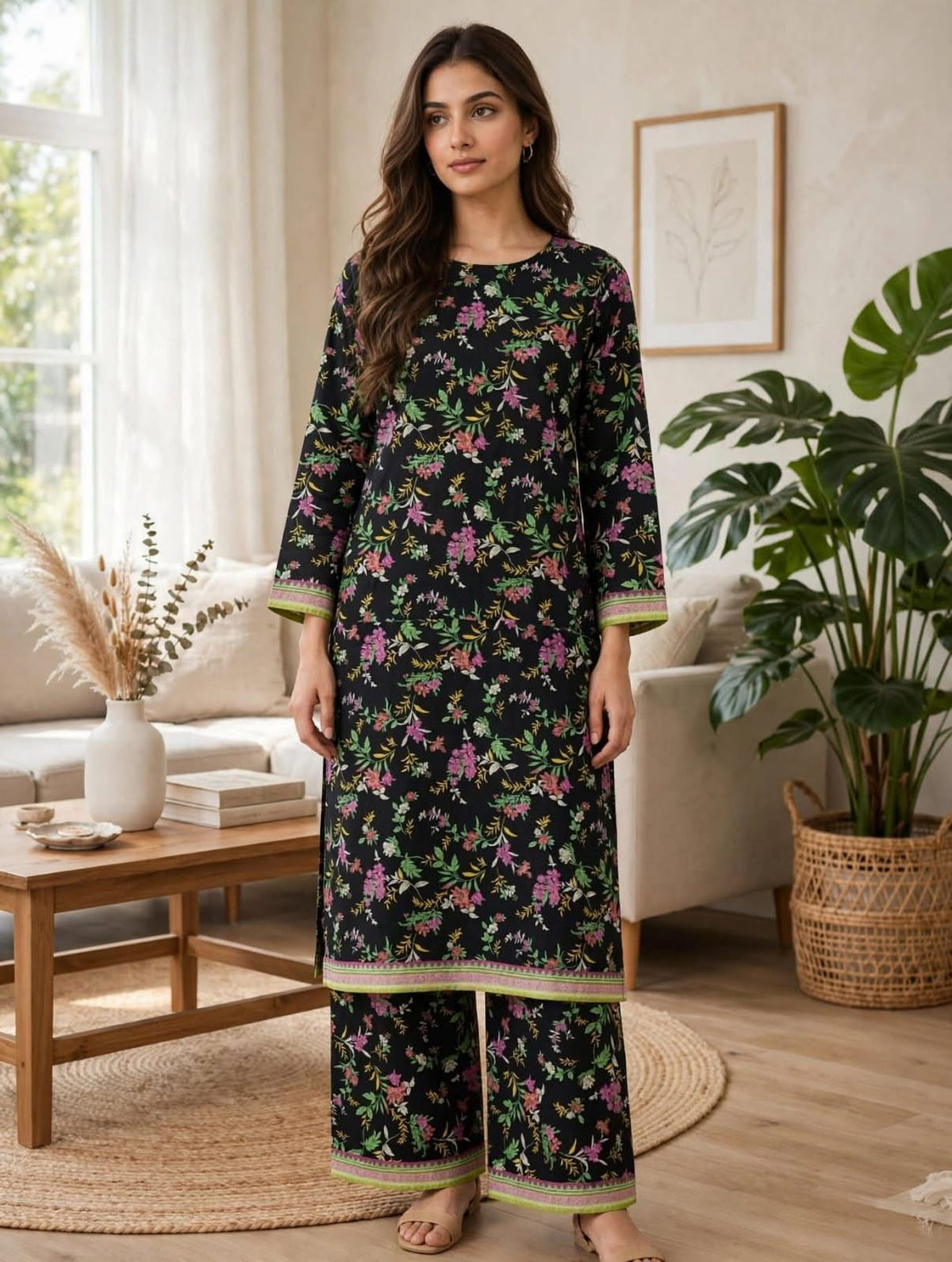 Black Floral 2-piece khadar suite